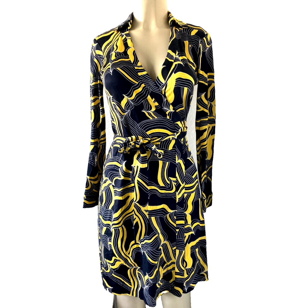 DVF Diane von Furstenberg Jeanne Wrap Dress Silk Yellow Black Long Sleeve 2 XS